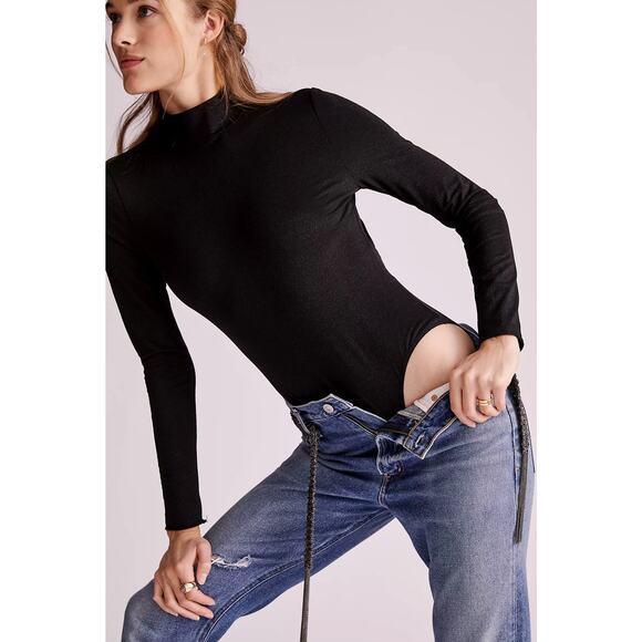 Anthropologie Black Shimmer Open-Back Bodysuit - New Medium